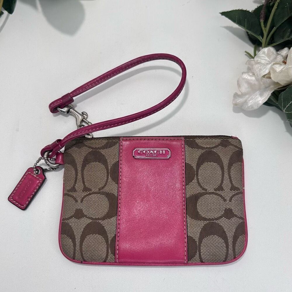 Coach Signature PVC Corner Zip Wristlet Wallet 7.5" Tan Logo Canvas Leather Trim